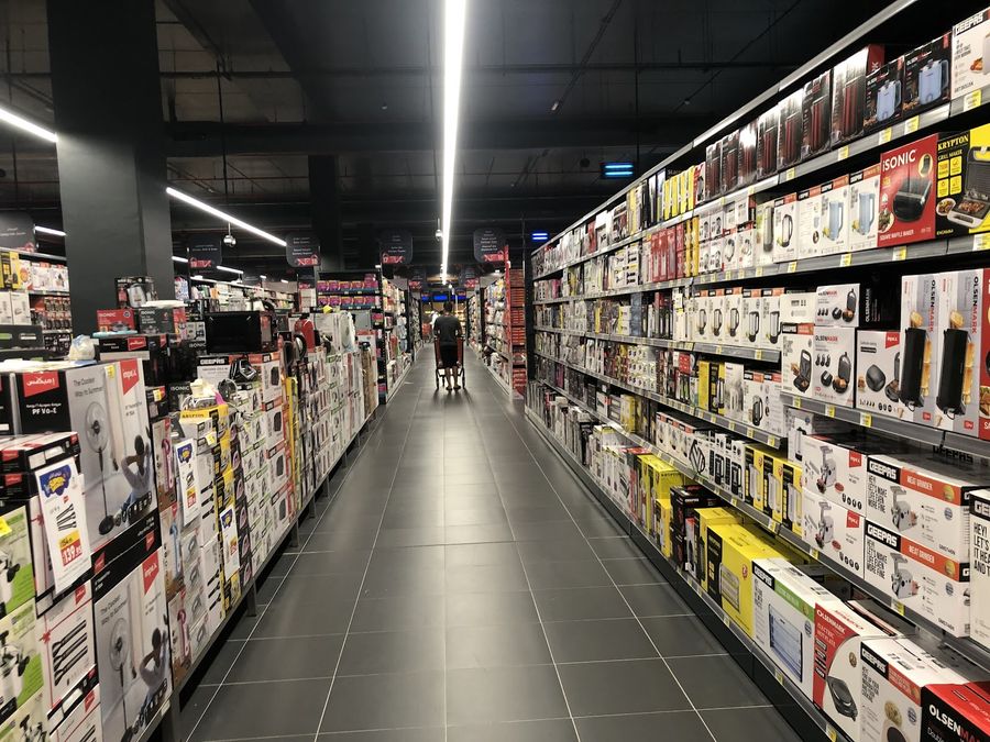 Home appliances aisle with kettles and small appliances